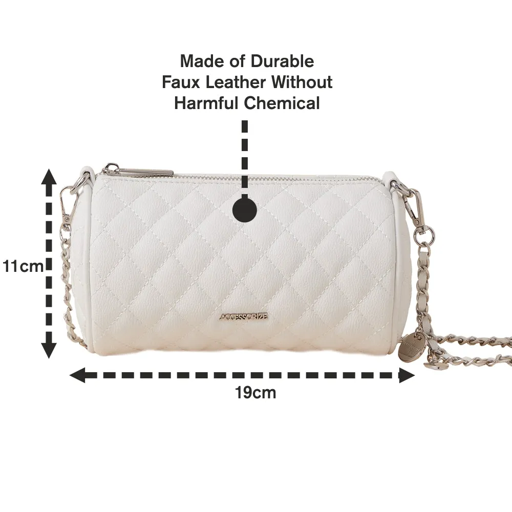 Accessorize London Women's Faux Leather White Quilted barrel Sling Bag