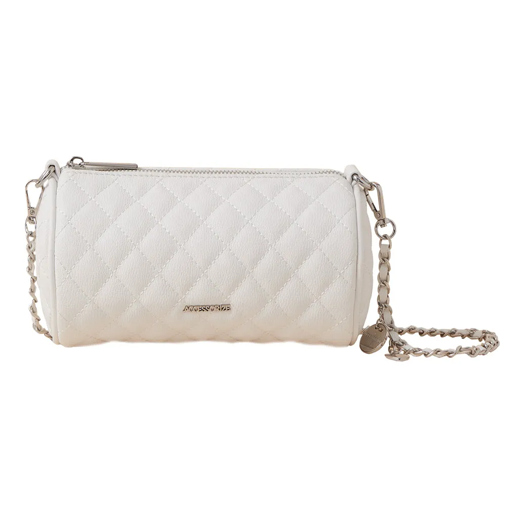 Accessorize London Women's Faux Leather White Quilted barrel Sling Bag