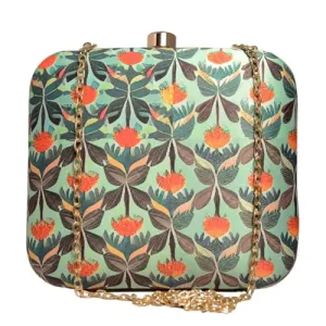 Artklim Blue And Orange Floral Printed Clutch