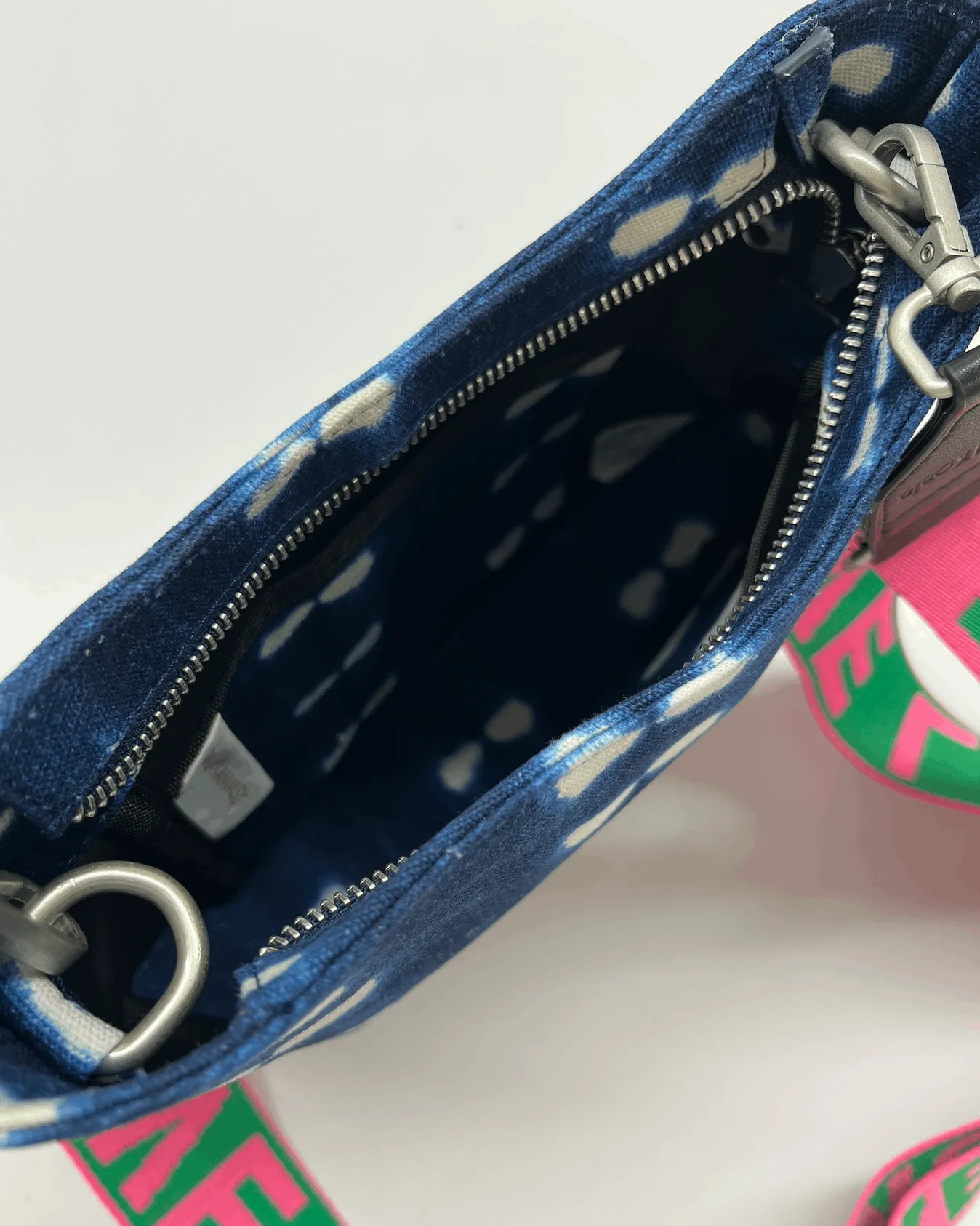 Blue Shibori Mini City Bag with Pink/Green LOVE Stripe Strap Only $28