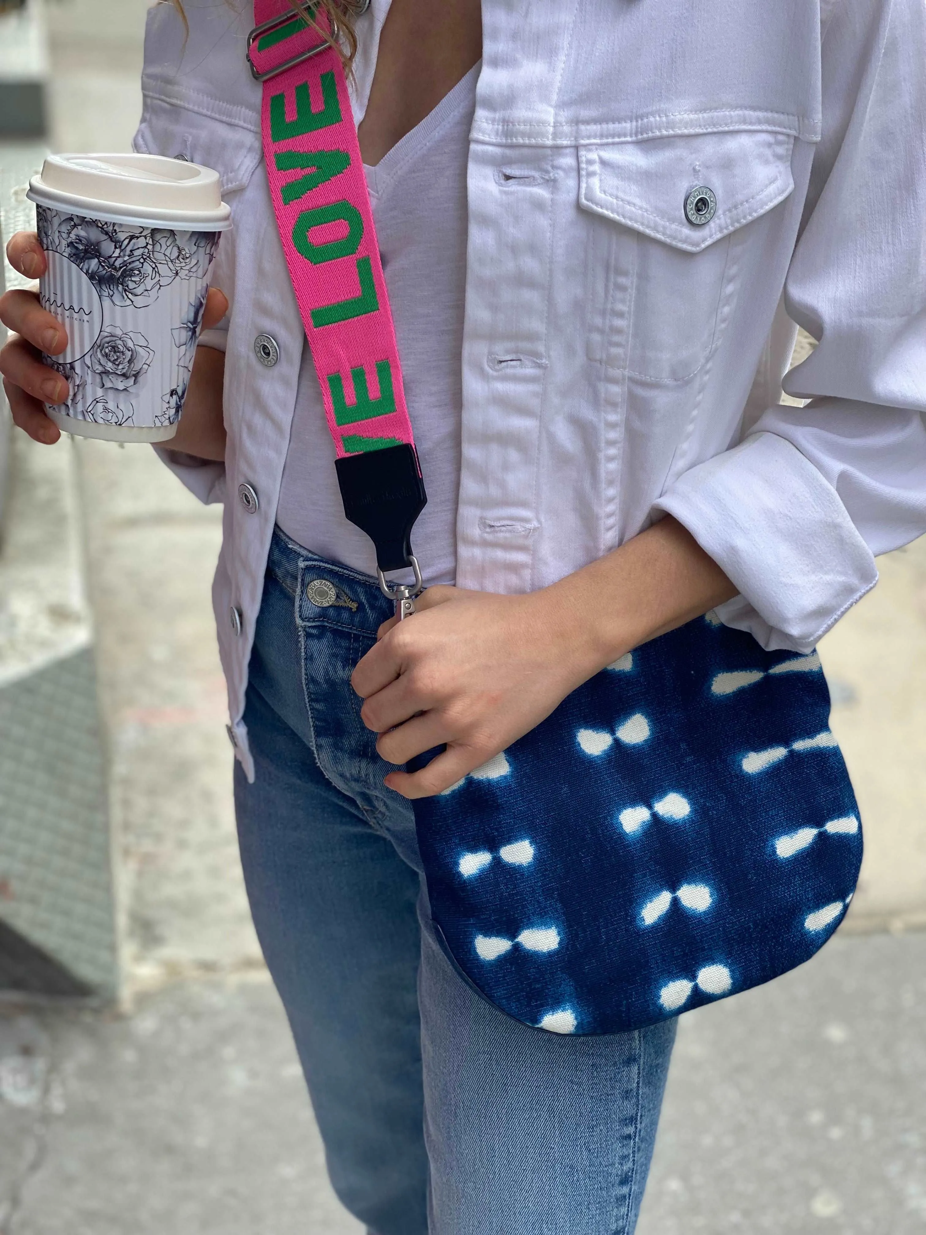 Blue Shibori Mini City Bag with Pink/Green LOVE Stripe Strap Only $28