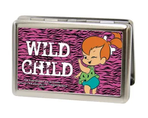 Business Card Holder - LARGE - Pebbles Winking Pose WILD CHILD FCG Pink Black White