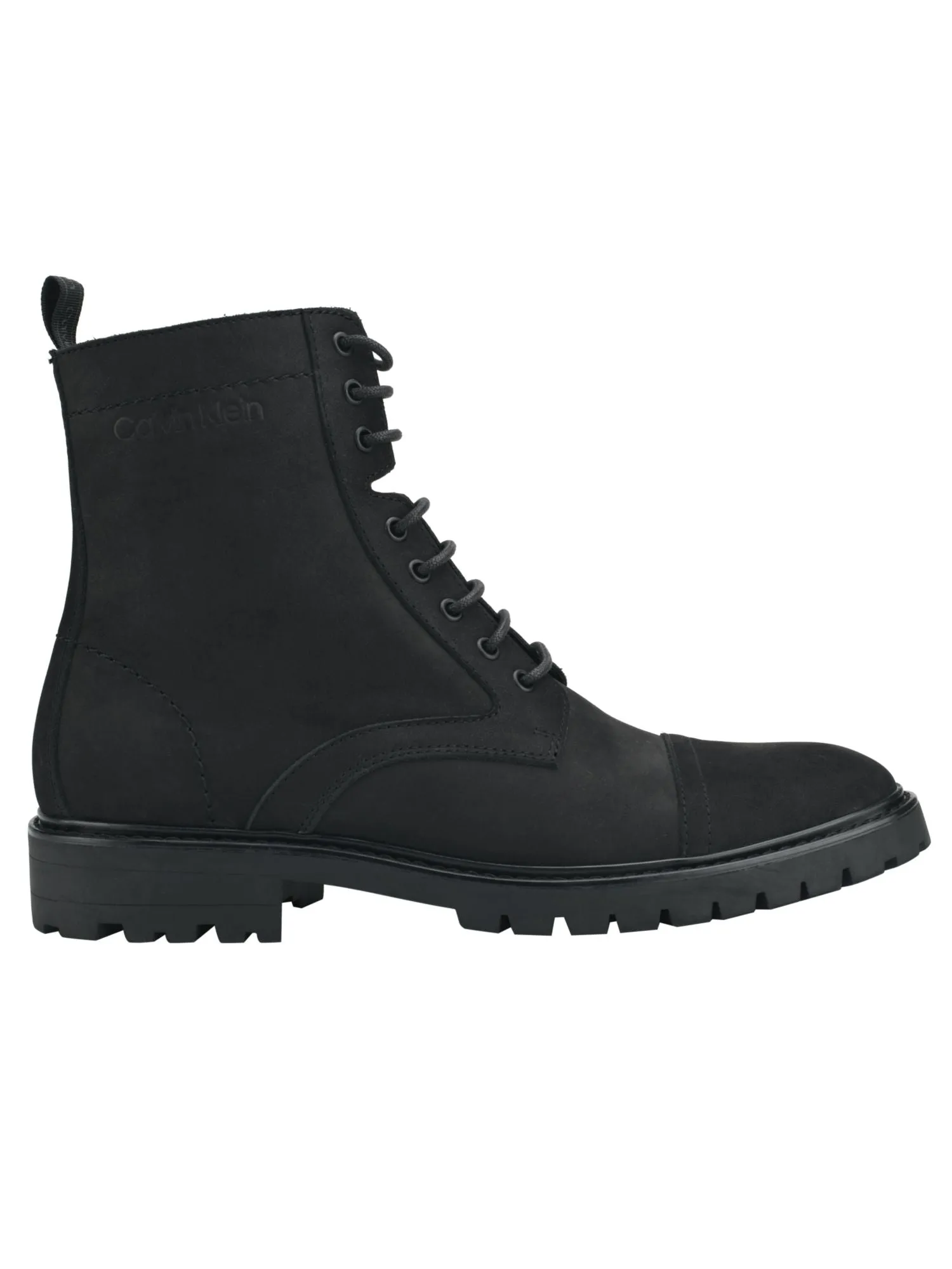 CALVIN KLEIN Mens Black Lug Sole Pull Tab Cushioned Removable Insole Lorenzo Round Toe Block Heel Lace-Up Leather Boots Shoes