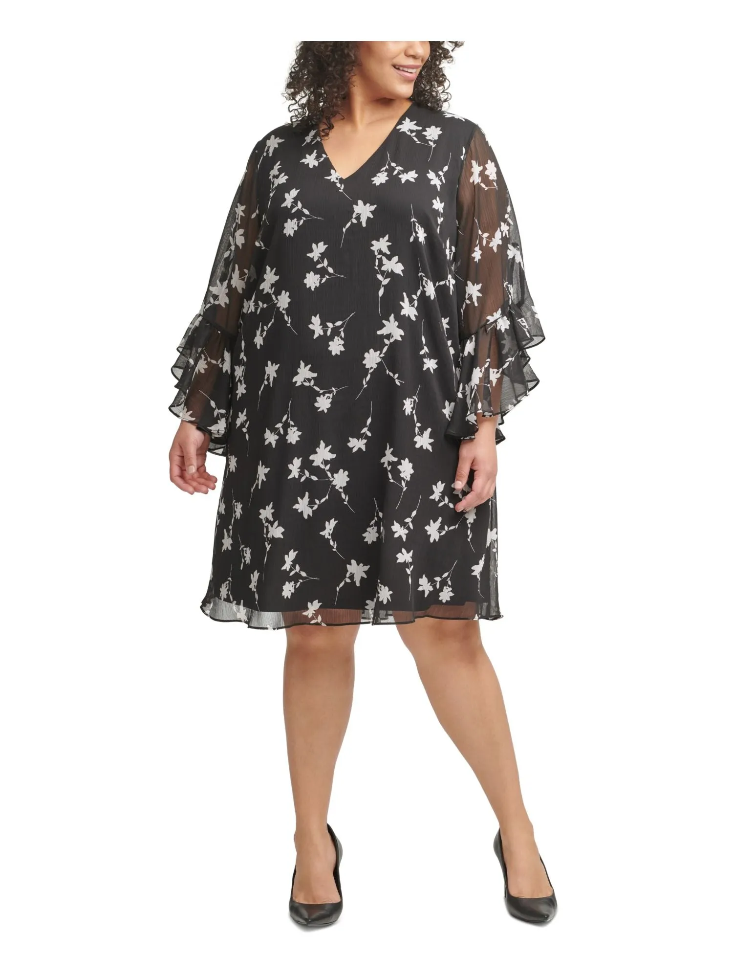 CALVIN KLEIN Womens Black Lined Ruffle Sleeve Back Keyhole Floral 3/4 Sleeve V Neck Knee Length Shift Dress