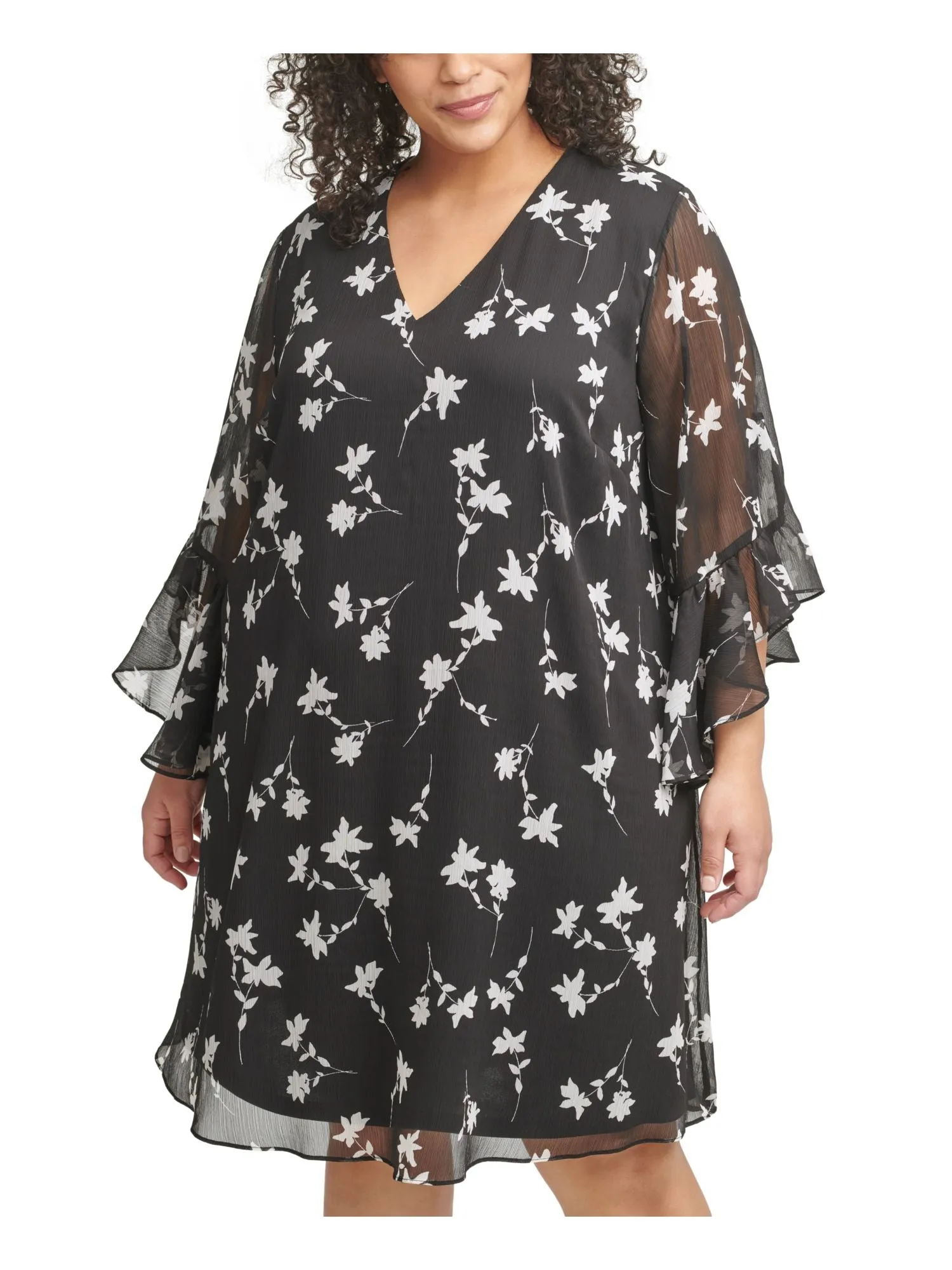 CALVIN KLEIN Womens Black Lined Ruffle Sleeve Back Keyhole Floral 3/4 Sleeve V Neck Knee Length Shift Dress