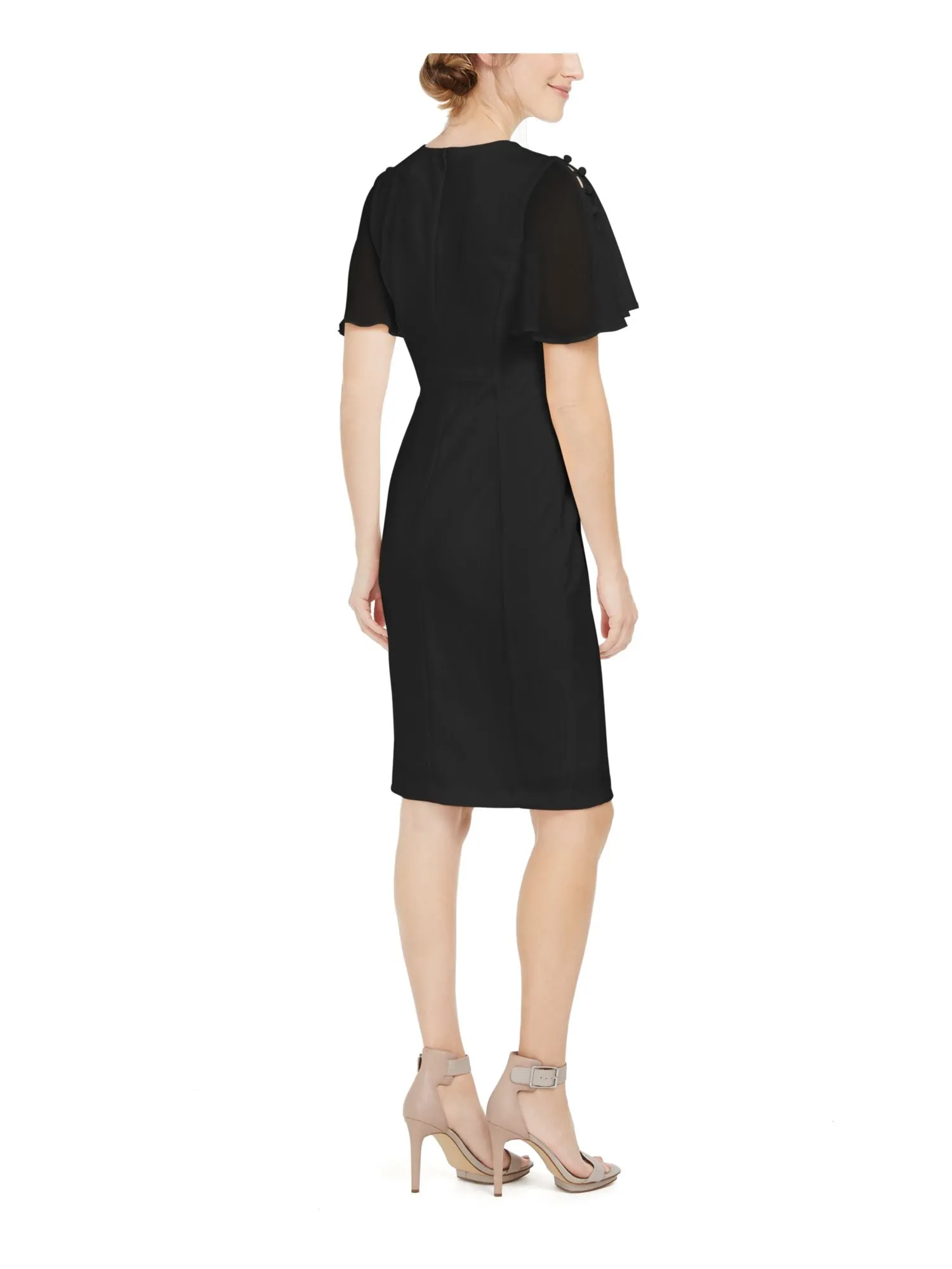 CALVIN KLEIN Womens Black Zippered Button Detail Flutter Sleeve Round Neck Knee Length Wear To Work Sheath Dress