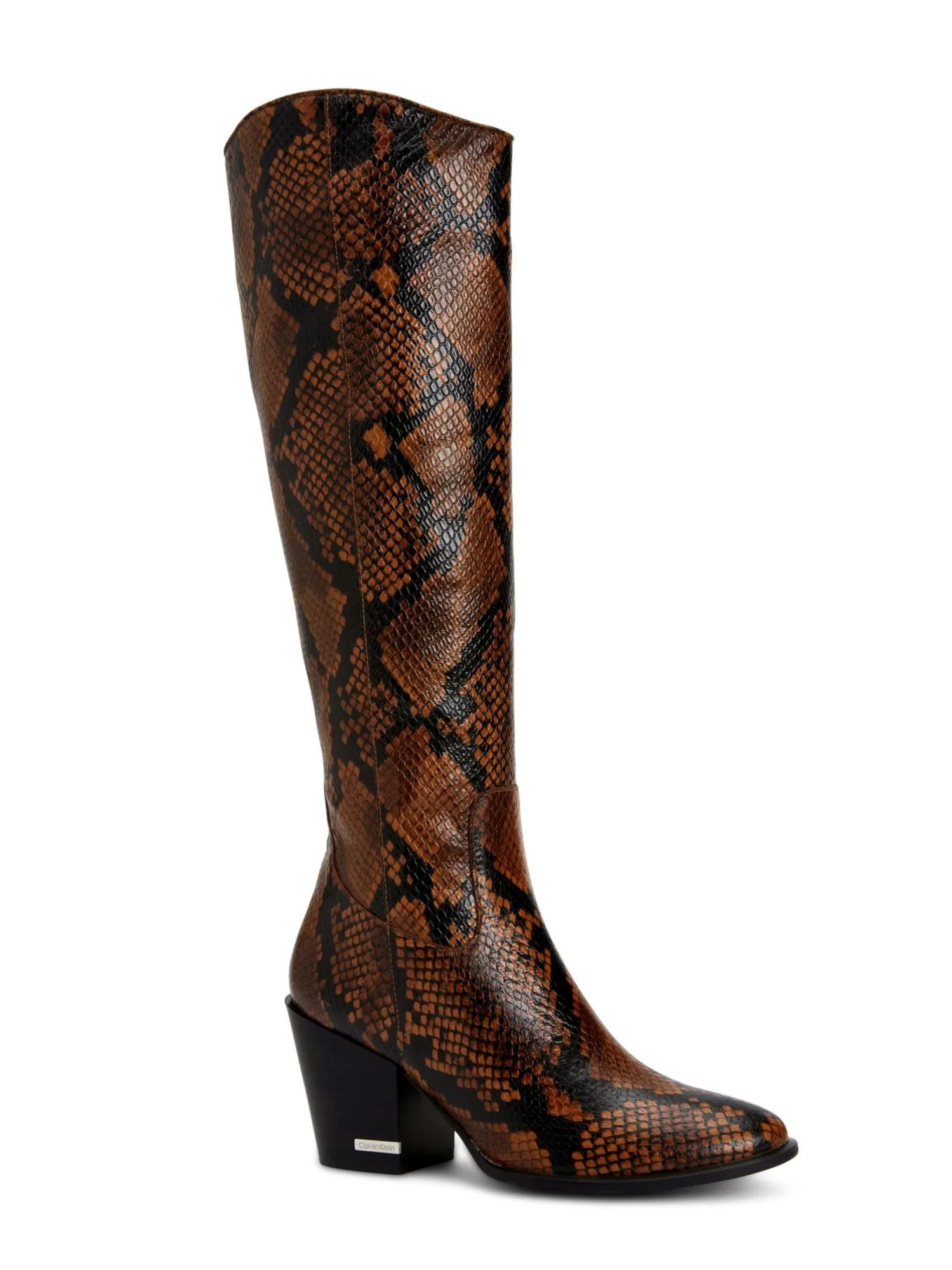 CALVIN KLEIN Womens Brown Animal Print Almond Toe Stacked Heel Zip-Up Leather Heeled Boots M