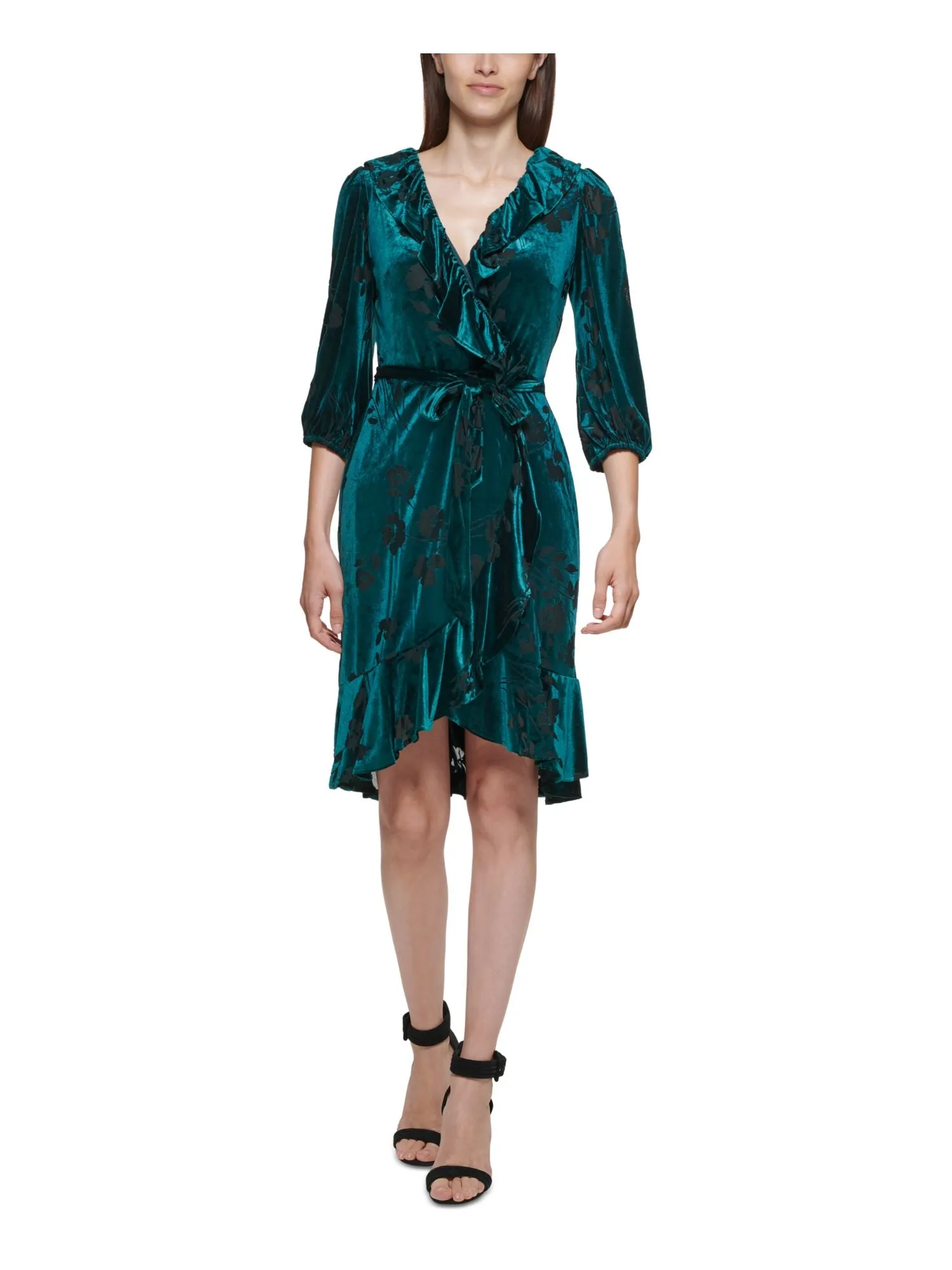 CALVIN KLEIN Womens Green Zippered Ruffled 3/4 Sleeve Surplice Neckline Above The Knee Evening Faux Wrap Dress