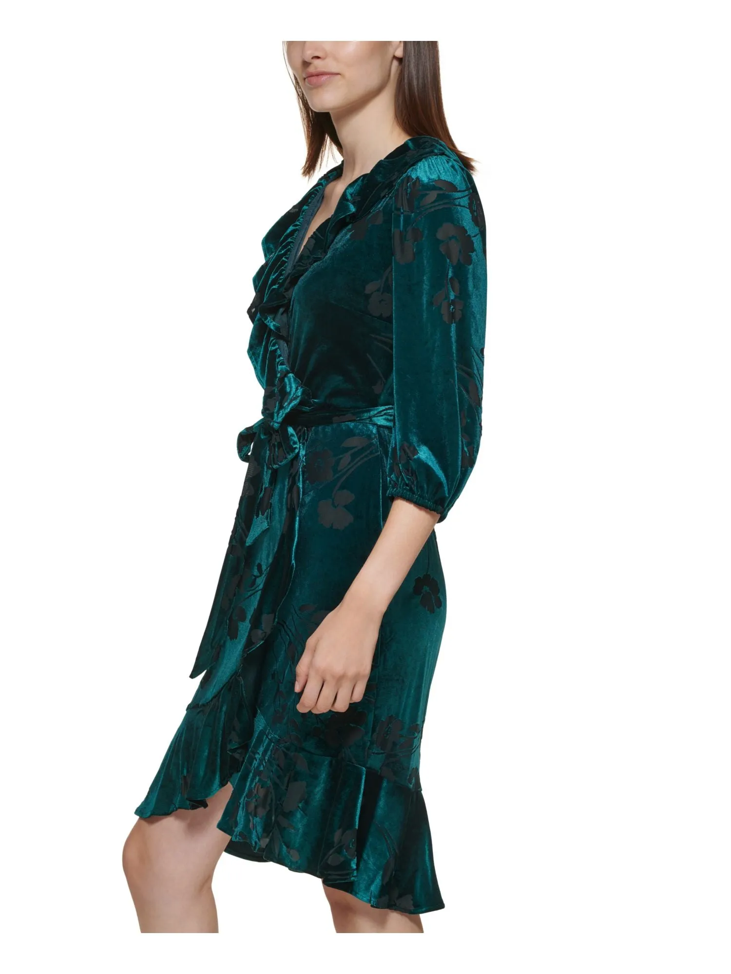 CALVIN KLEIN Womens Green Zippered Ruffled 3/4 Sleeve Surplice Neckline Above The Knee Evening Faux Wrap Dress