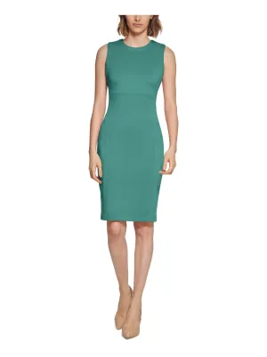 CALVIN KLEIN Womens Green Zippered Unlined Sleeveless Round Neck Knee Length Wear To Work Sheath Dress