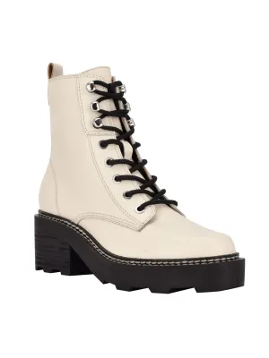 CALVIN KLEIN Womens Ivory 1" Platform Lug Sole Padded Abeni Almond Toe Block Heel Lace-Up Leather Combat Boots M