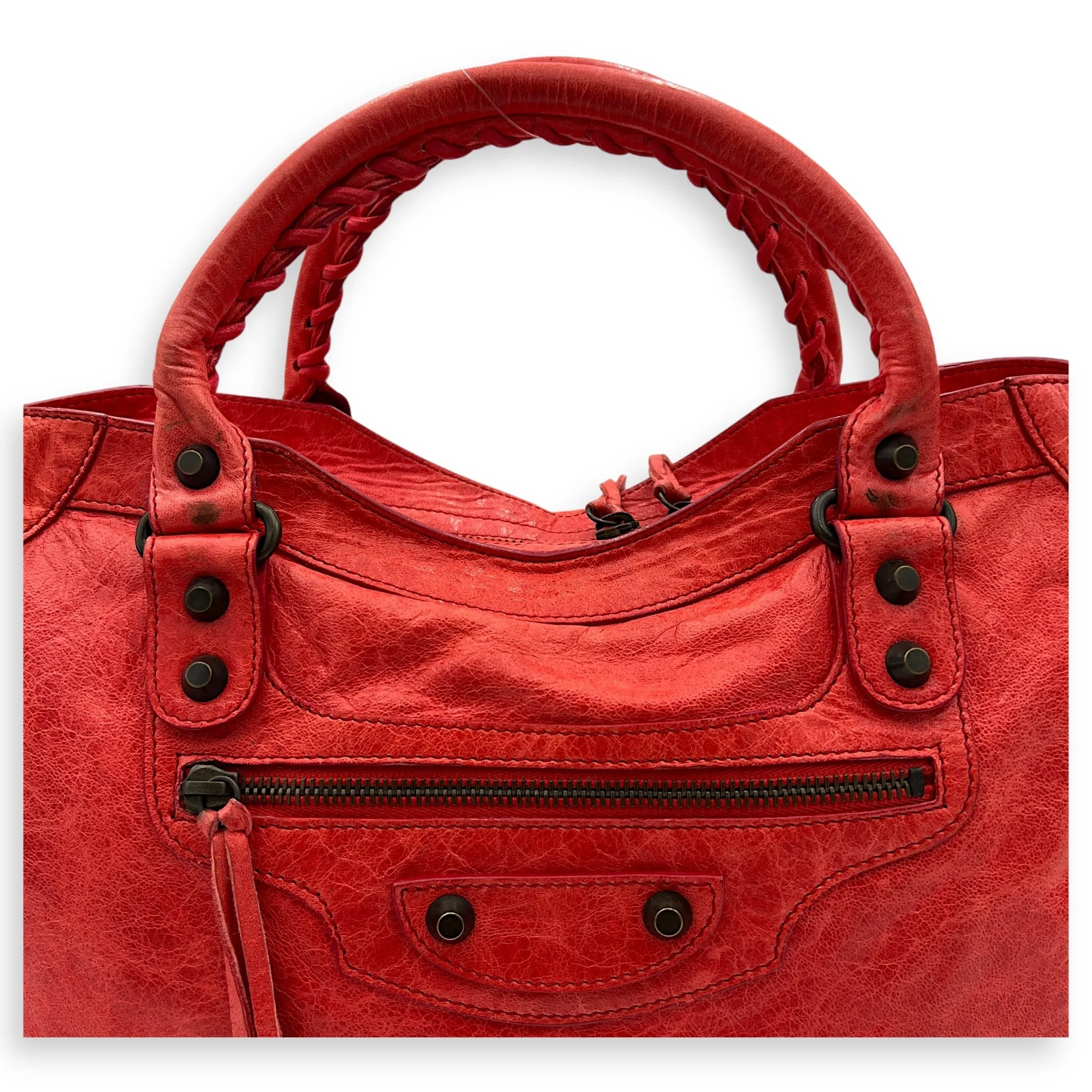 City Top Handle Bag Medium Red in Distressed Leather, Ruthenium hardware