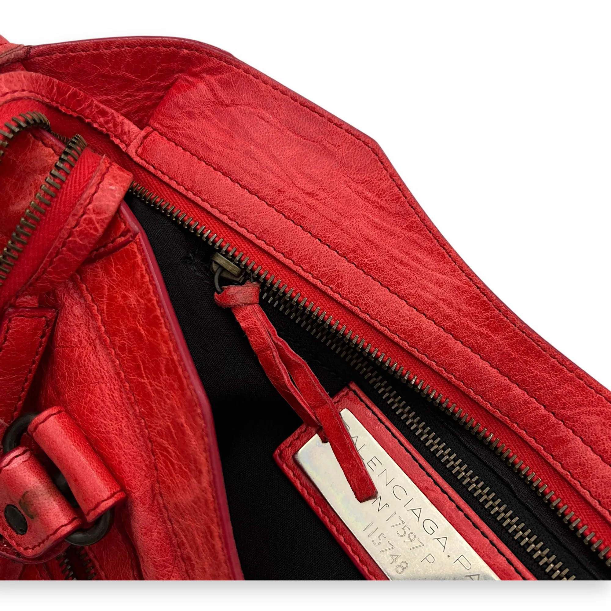 City Top Handle Bag Medium Red in Distressed Leather, Ruthenium hardware