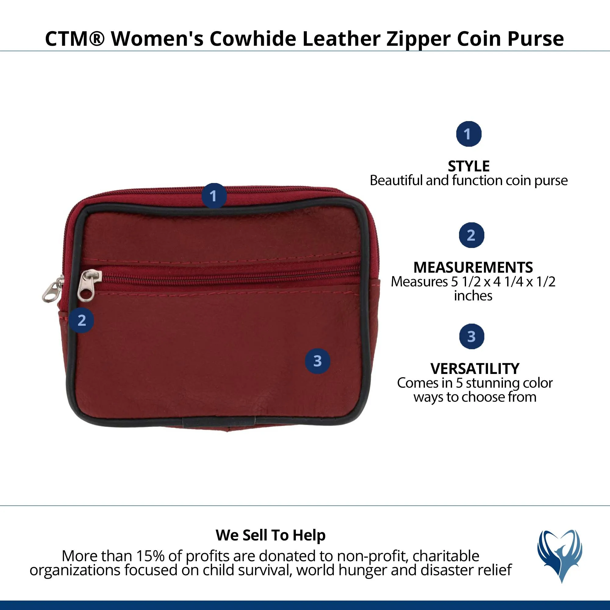 CTM® Women's Cowhide Leather Zipper Coin Purse