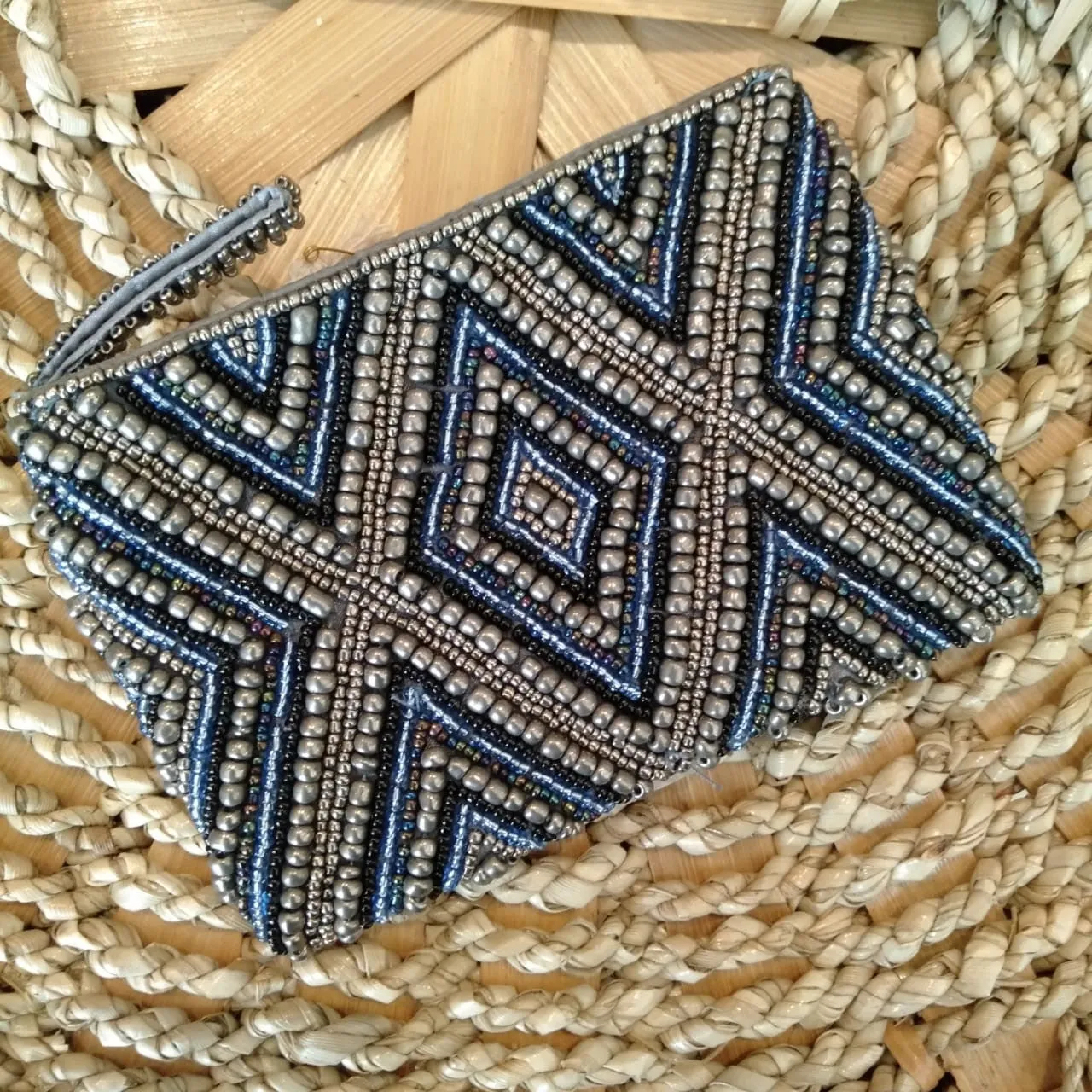 Diamond Motif Woven Beaded Clutches With Strap