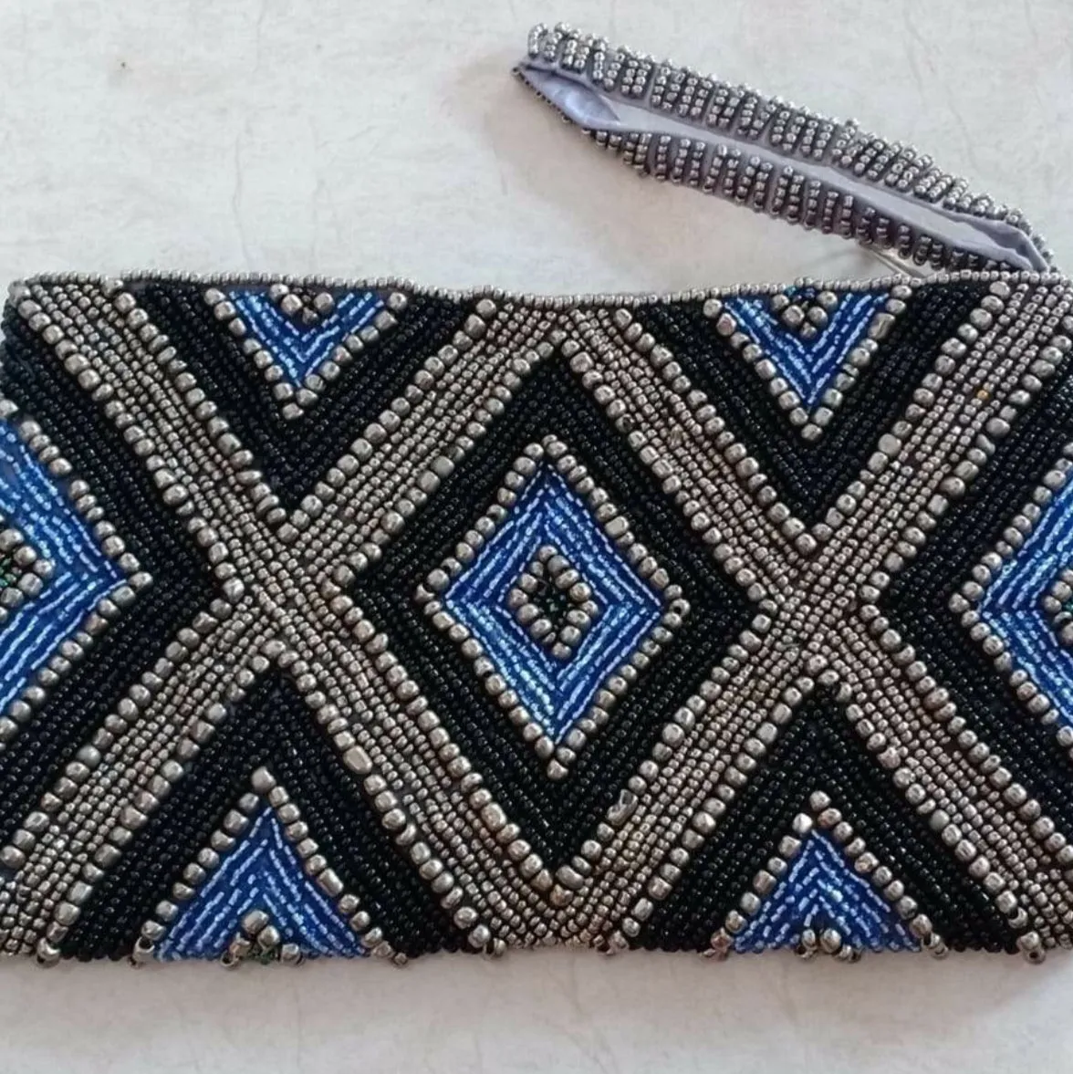 Diamond Motif Woven Beaded Clutches With Strap