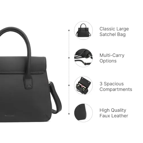 Fastrack Large Satchel Bag for Women | Structured, Stylish Bag With Spacious Compartments | Classic Work Bag Made of High Quality Faux Leather (Black)