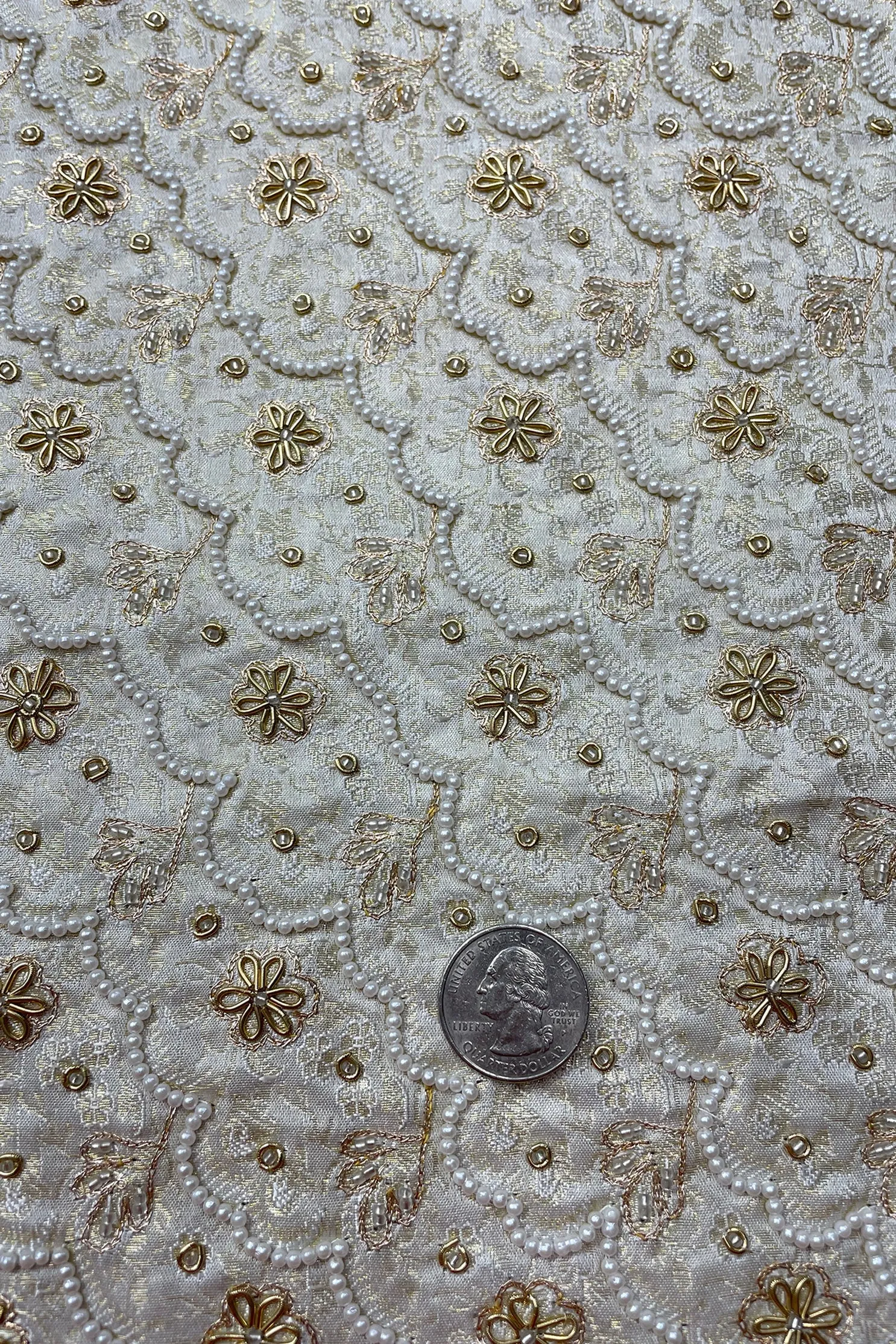 Gold Embroidery with White Pearls on Cream Gold