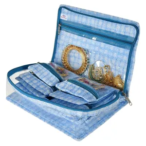 Heart Home Check Design Laminated PVC Multipurpose Jewellery Storage Bag/Travel Kit With 13 Tranasparent Pouches (Blue)-HS_38_HEARTH21258