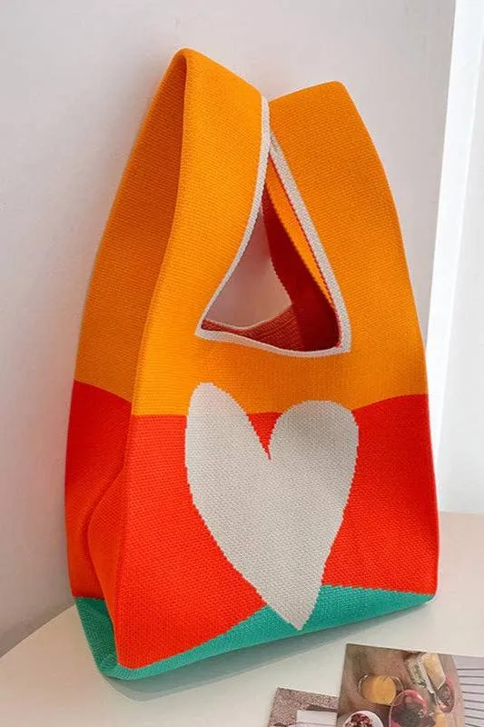 Heart Print Multi-Colored Knit Handbag