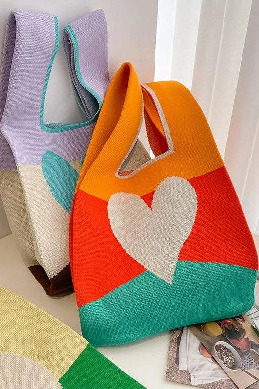 Heart Print Multi-Colored Knit Handbag