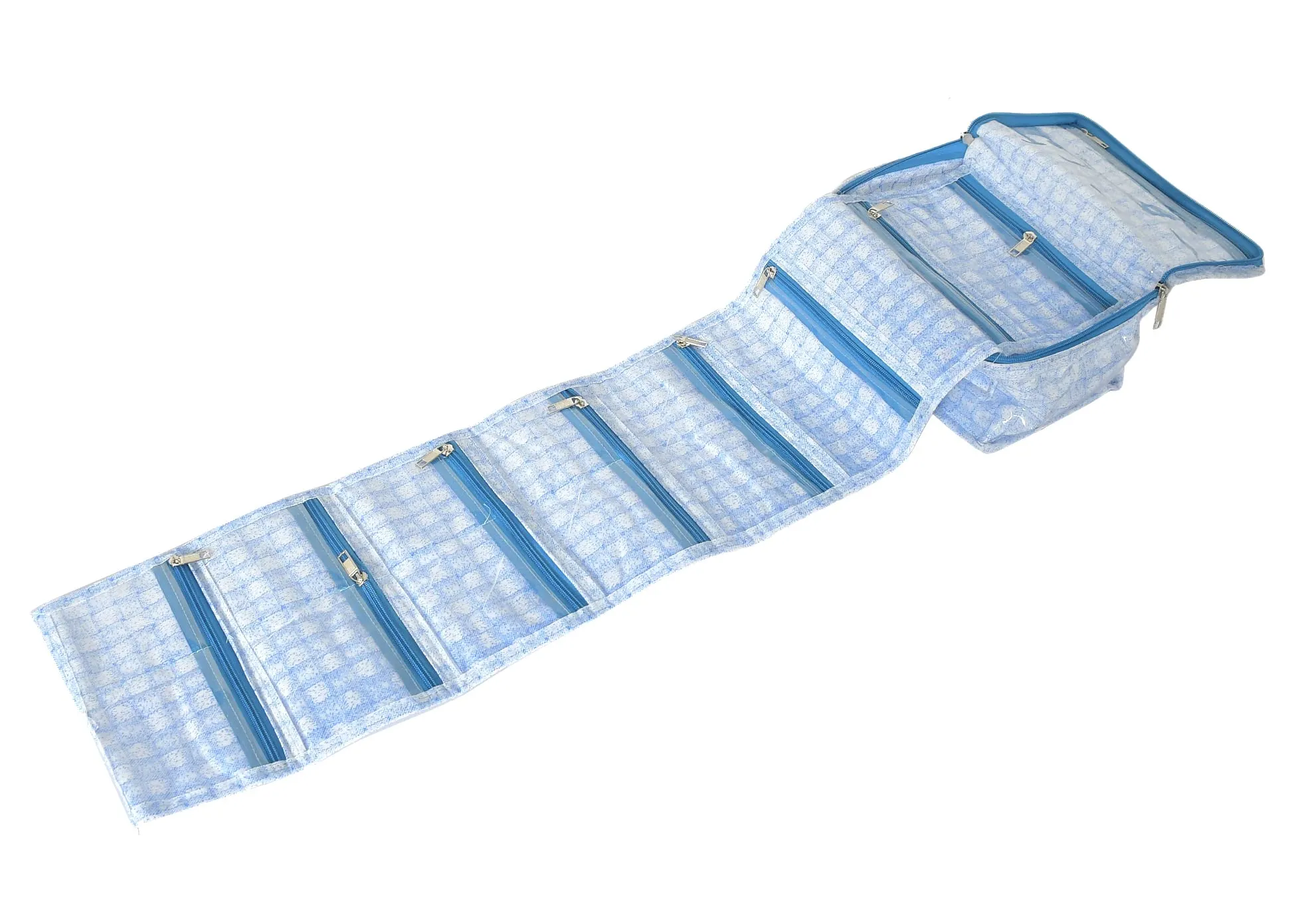 Kuber Industries Check Design Laminated PVC Multipurpose Jewellery Organizer With 8 Tranasparent Pouches (Blue)-HS43KUBMART25829