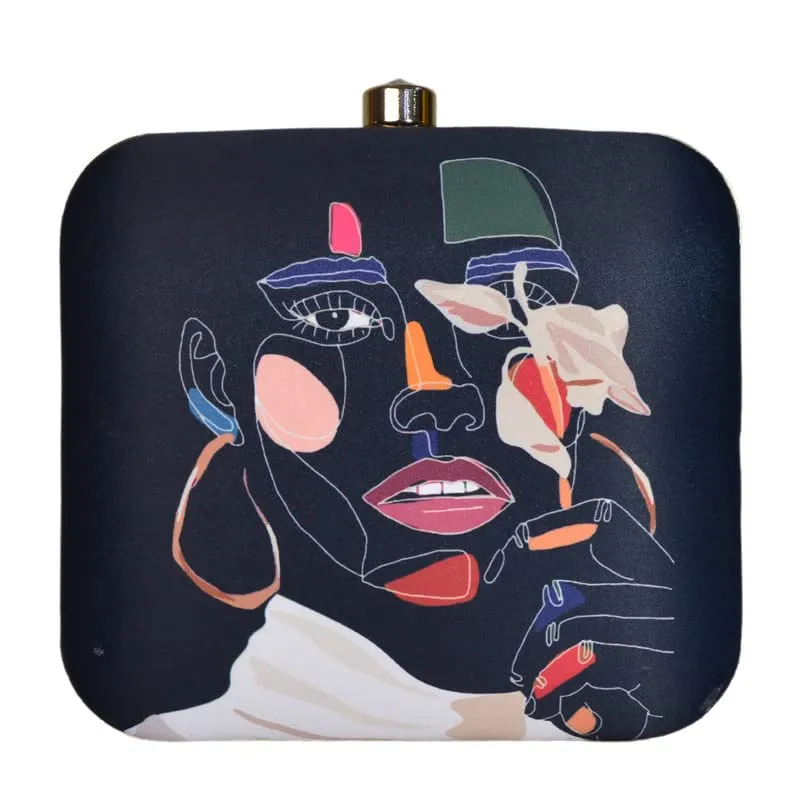 Printed Portrait Black Clutch