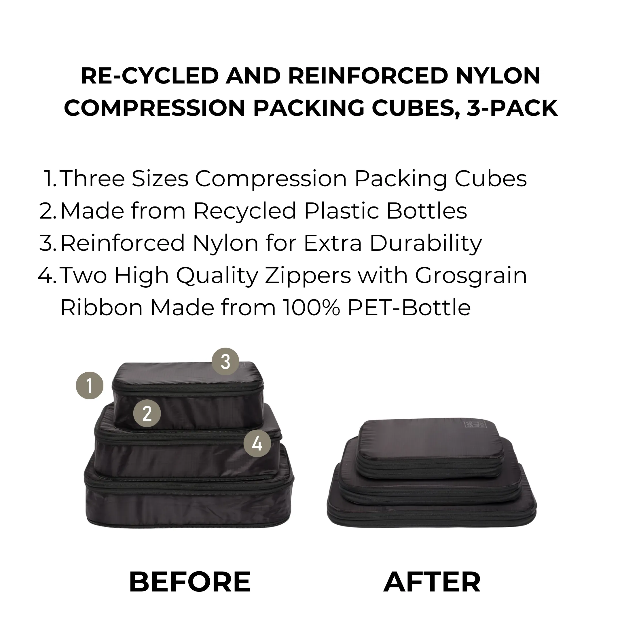 Re-cycled and Reinforced Nylon Compression Packing Cubes, 3-pack Black