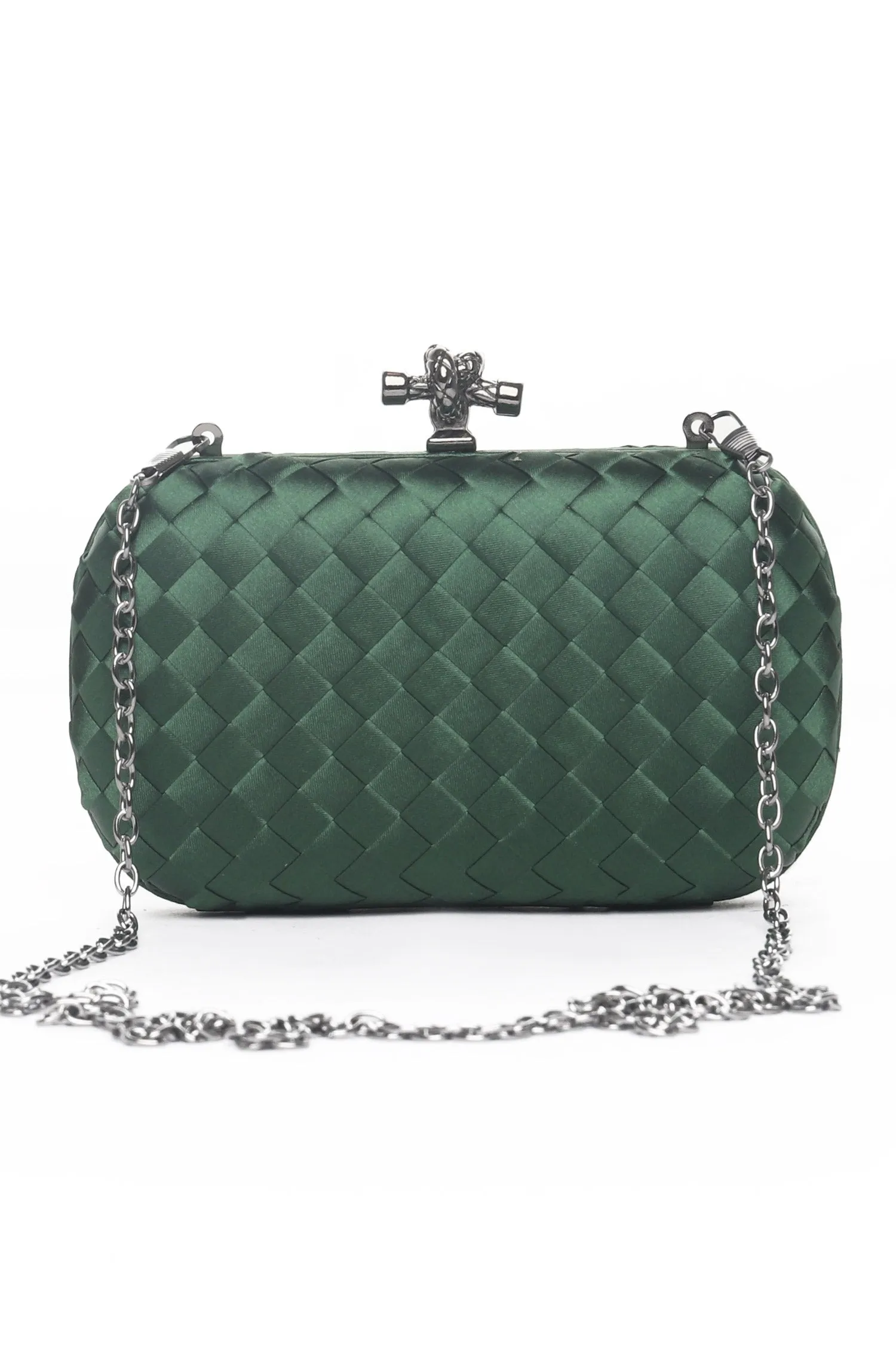 SATIN WEAVE KNOT CLUTCH-GREEN