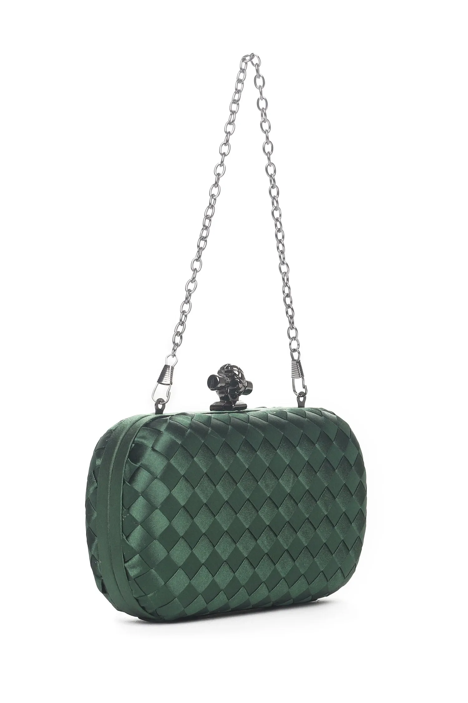 SATIN WEAVE KNOT CLUTCH-GREEN