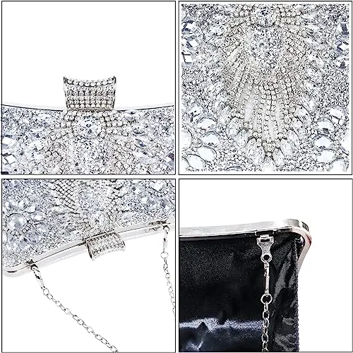 Silver Jewelry Stones Clutch Handbag