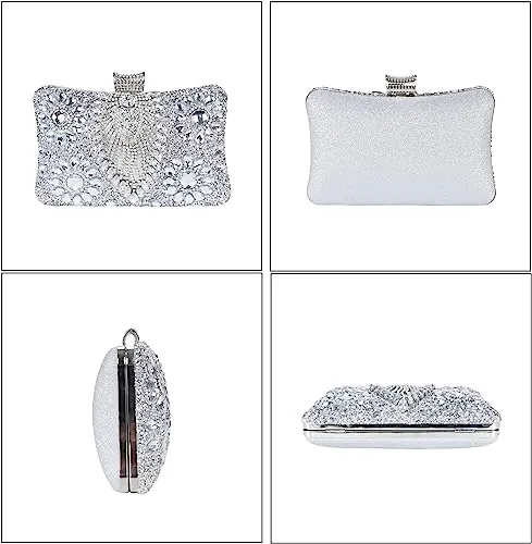 Silver Jewelry Stones Clutch Handbag