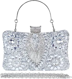 Silver Jewelry Stones Clutch Handbag