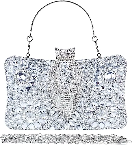 Silver Jewelry Stones Clutch Handbag