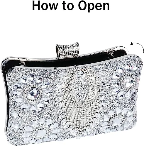 Silver Jewelry Stones Clutch Handbag