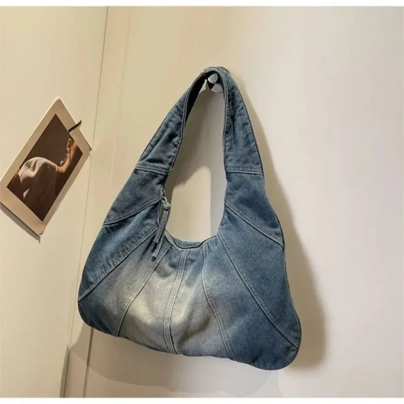 Sohiwoo Vintage Denim Hobos Bag Women Y2k Grunge Zipper Chic Casual Handbag Shoulder Bags Female Retro Harajuku Bolso Mujer