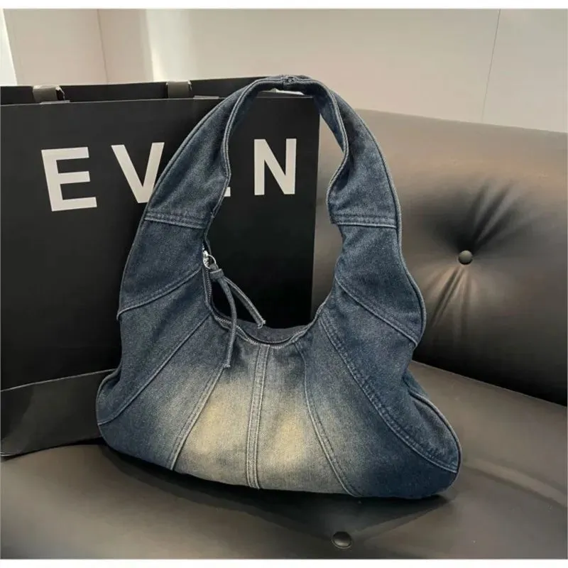 Sohiwoo Vintage Denim Hobos Bag Women Y2k Grunge Zipper Chic Casual Handbag Shoulder Bags Female Retro Harajuku Bolso Mujer