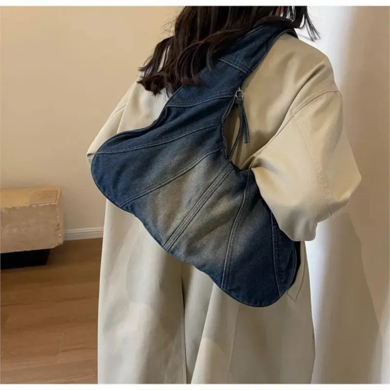 Sohiwoo Vintage Denim Hobos Bag Women Y2k Grunge Zipper Chic Casual Handbag Shoulder Bags Female Retro Harajuku Bolso Mujer